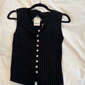 Free People Black Ribbed Button-Front Tank